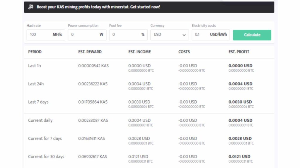 kaspa mining calculator ss